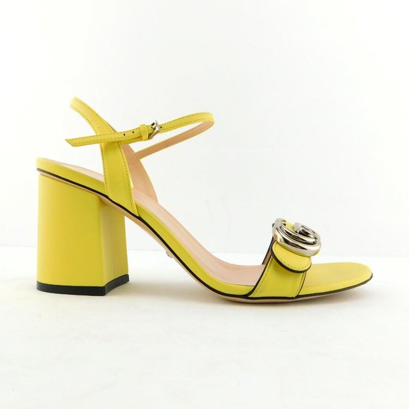 GUCCI GG Logo Sunflower Yellow Leather Ankle Strap Block Heel Sandals 38 - Picture 2 of 11